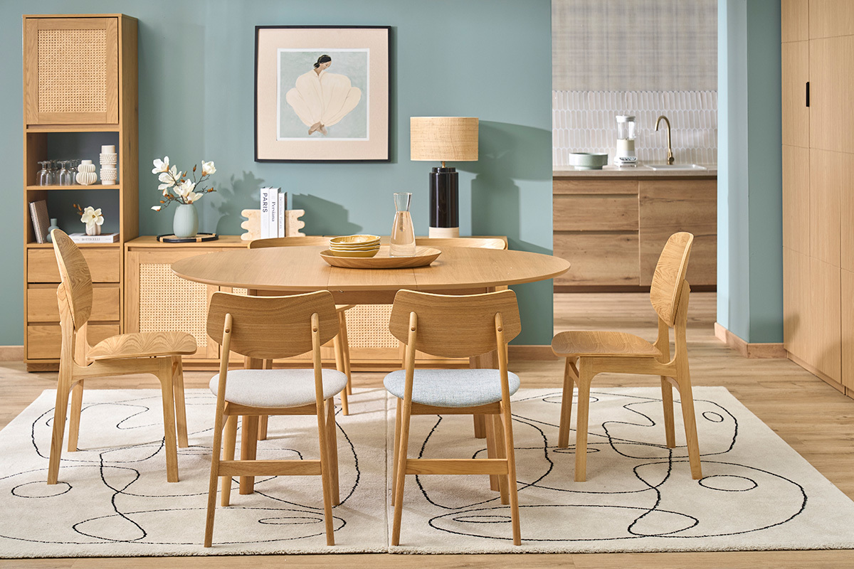 Mesa de comedor redonda extensible de madera clara roble L120-150 cm ANSEL