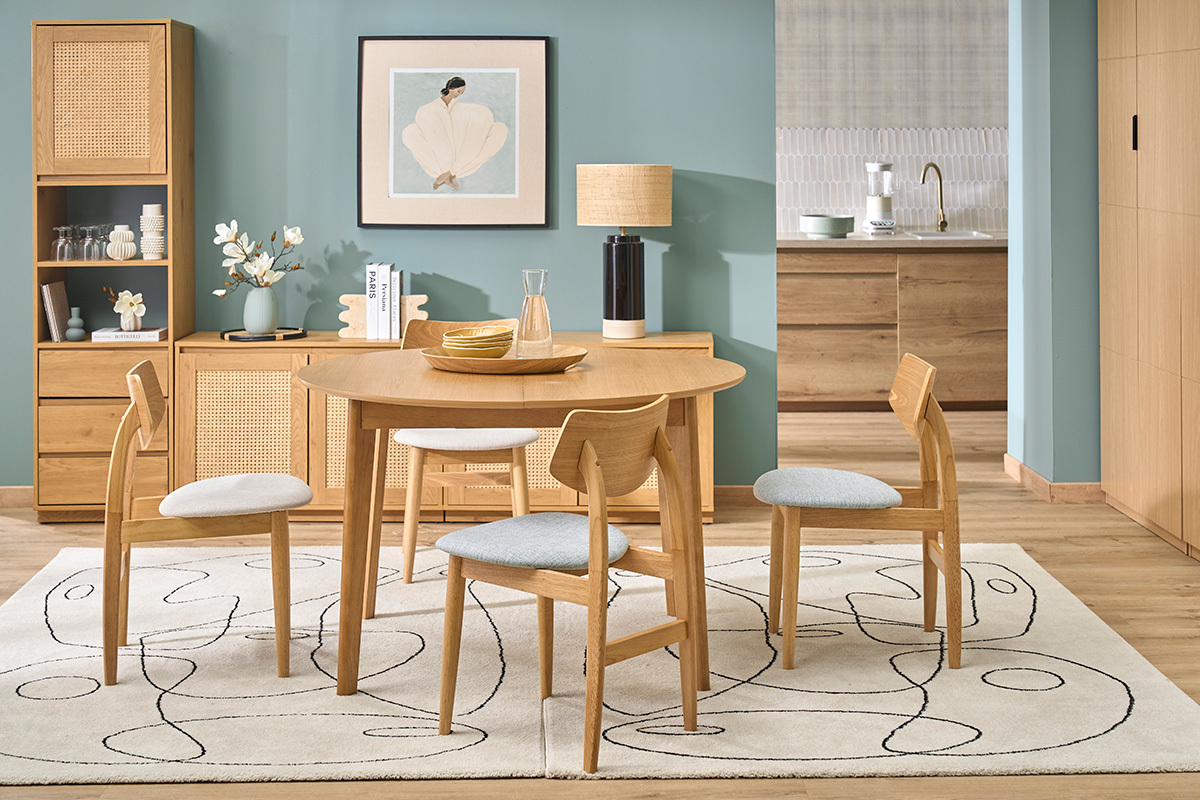 Mesa de comedor redonda extensible de madera clara roble L120-150 cm ANSEL
