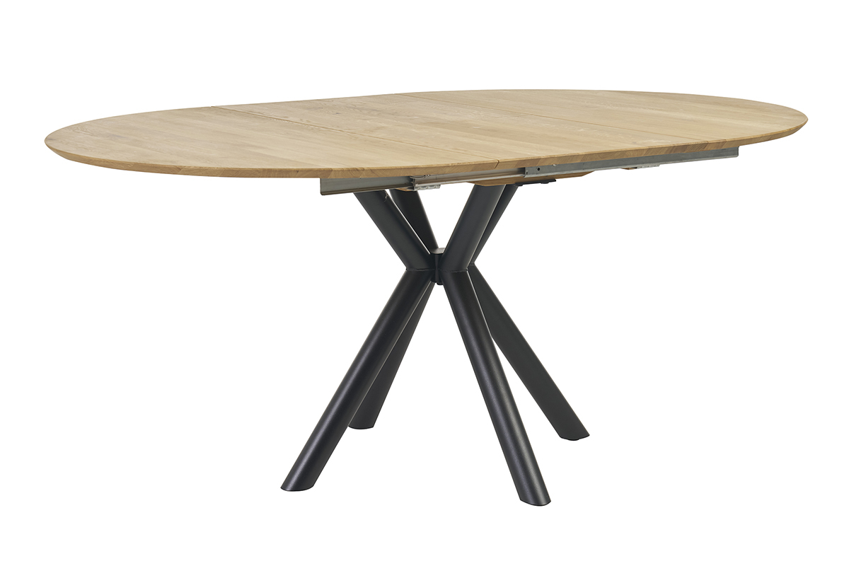 Mesa de comedor redonda extensible de madera clara y metal, vista de 3/4.