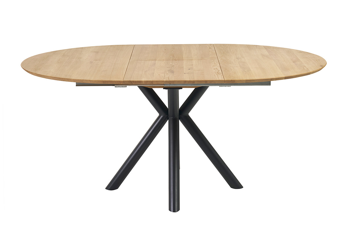 Mesa redonda extensible de roble macizo con patas de metal negro, vista frontal.