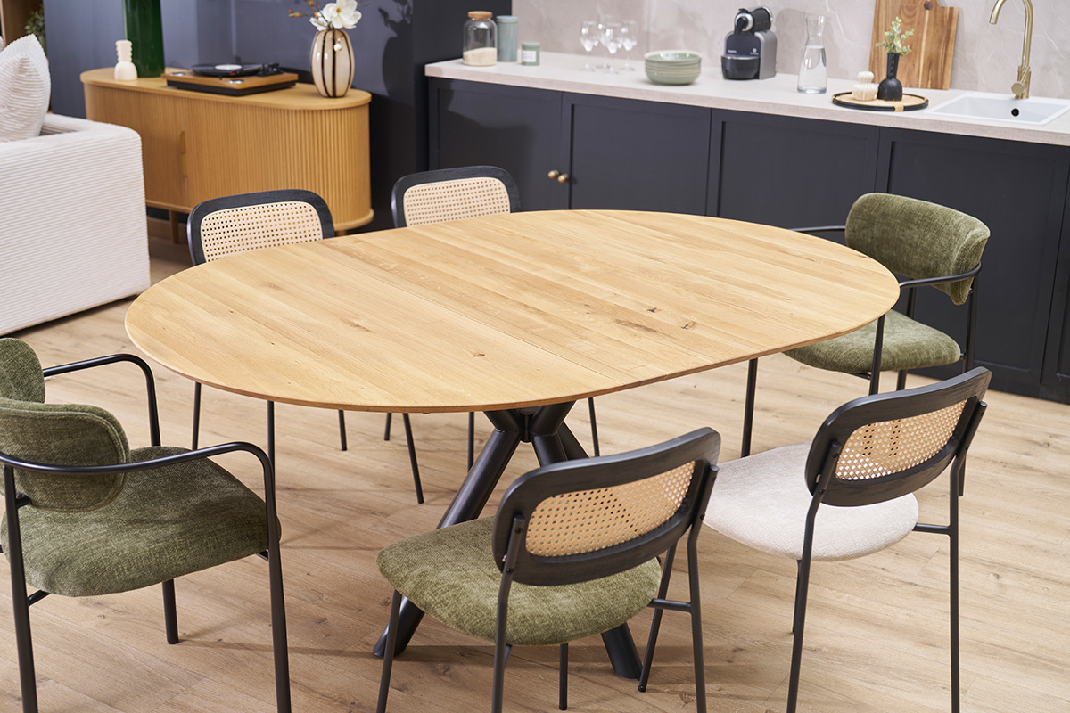 Mesa de comedor redonda extensible de madera clara roble macizo L120-170 cm OLGA