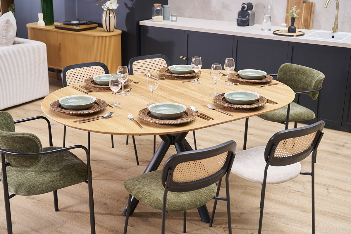 Mesa de comedor redonda extensible de madera clara roble macizo L120-170 cm OLGA