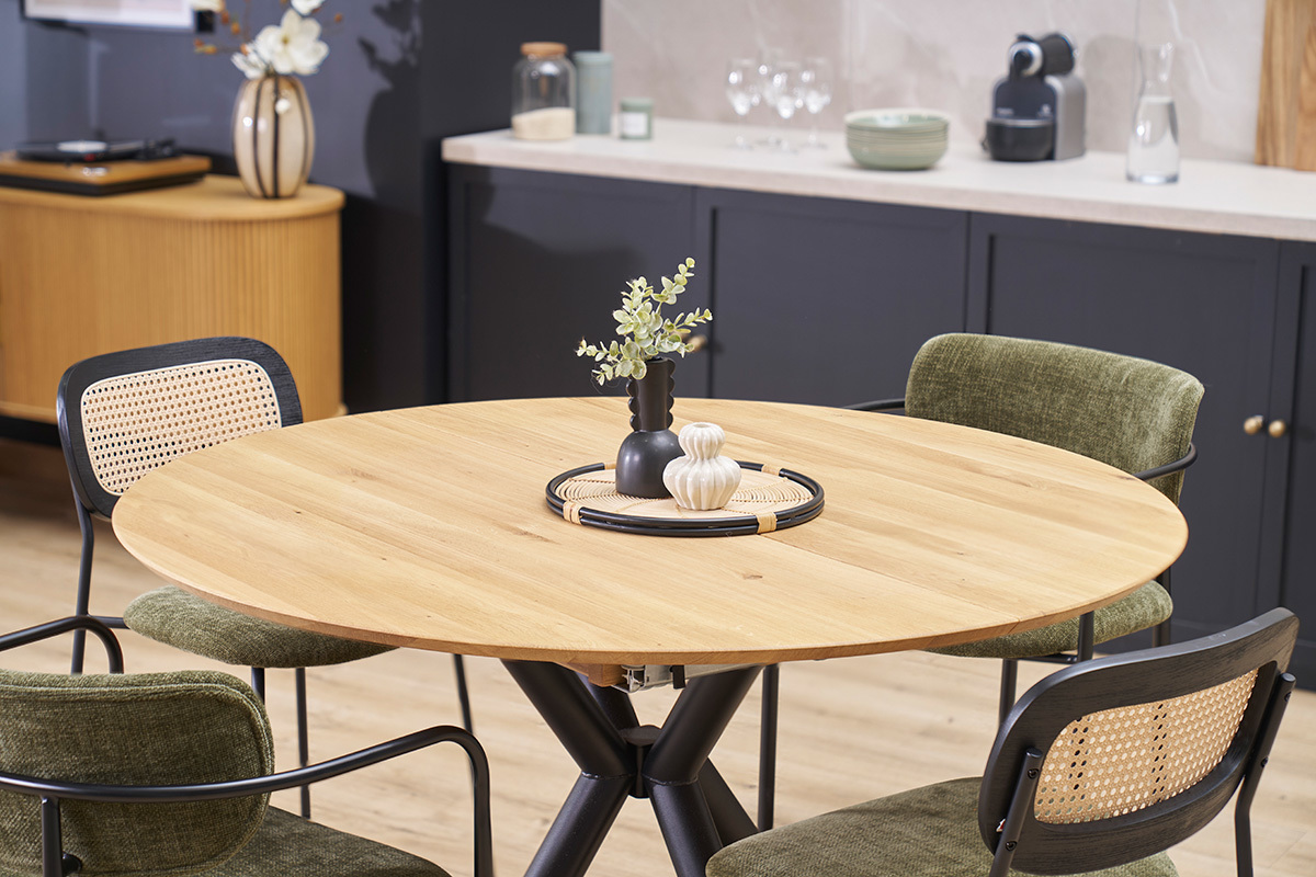 Mesa de comedor redonda extensible de madera clara roble macizo L120-170 cm OLGA