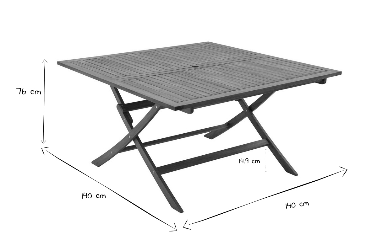 Mesa de jardín cuadrada plegable de madera maciza 140 cm SANTIAGO