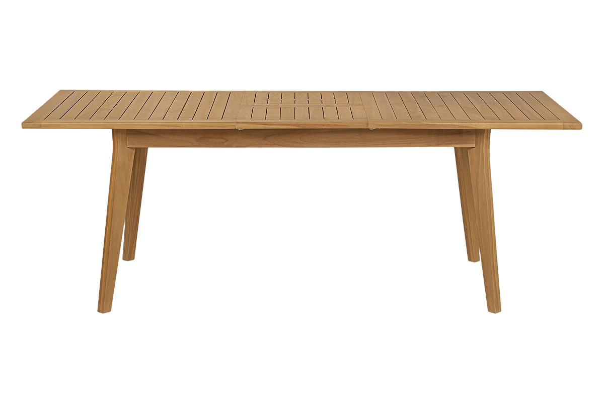 Mesa de jard�n extensible de madera maciza de teca, vista frontal, dimensiones L160-210 x P90 x H75 cm.