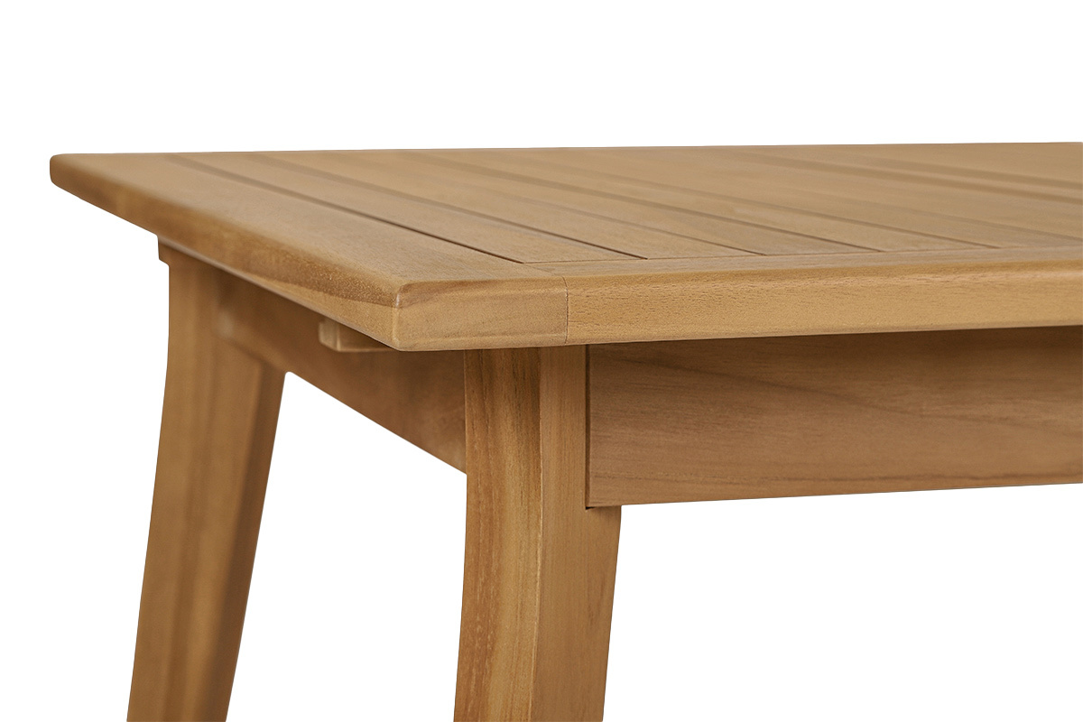 Mesa de jard�n extensible de madera maciza de teca vista de perfil, superficie lisa y esquinas redondeadas.