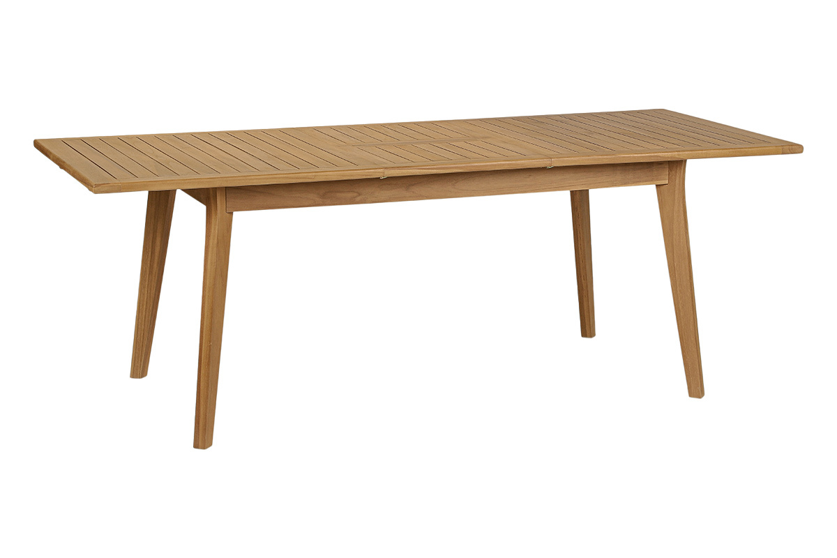 Mesa de jard�n extensible de madera de teca maciza, vista de 3/4, dimensiones L160-210 cm.