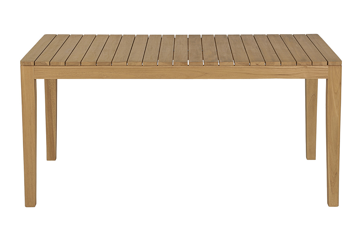 Mesa de jard�n rectangular de teca maciza, vista frontal, con tablero de lamas.