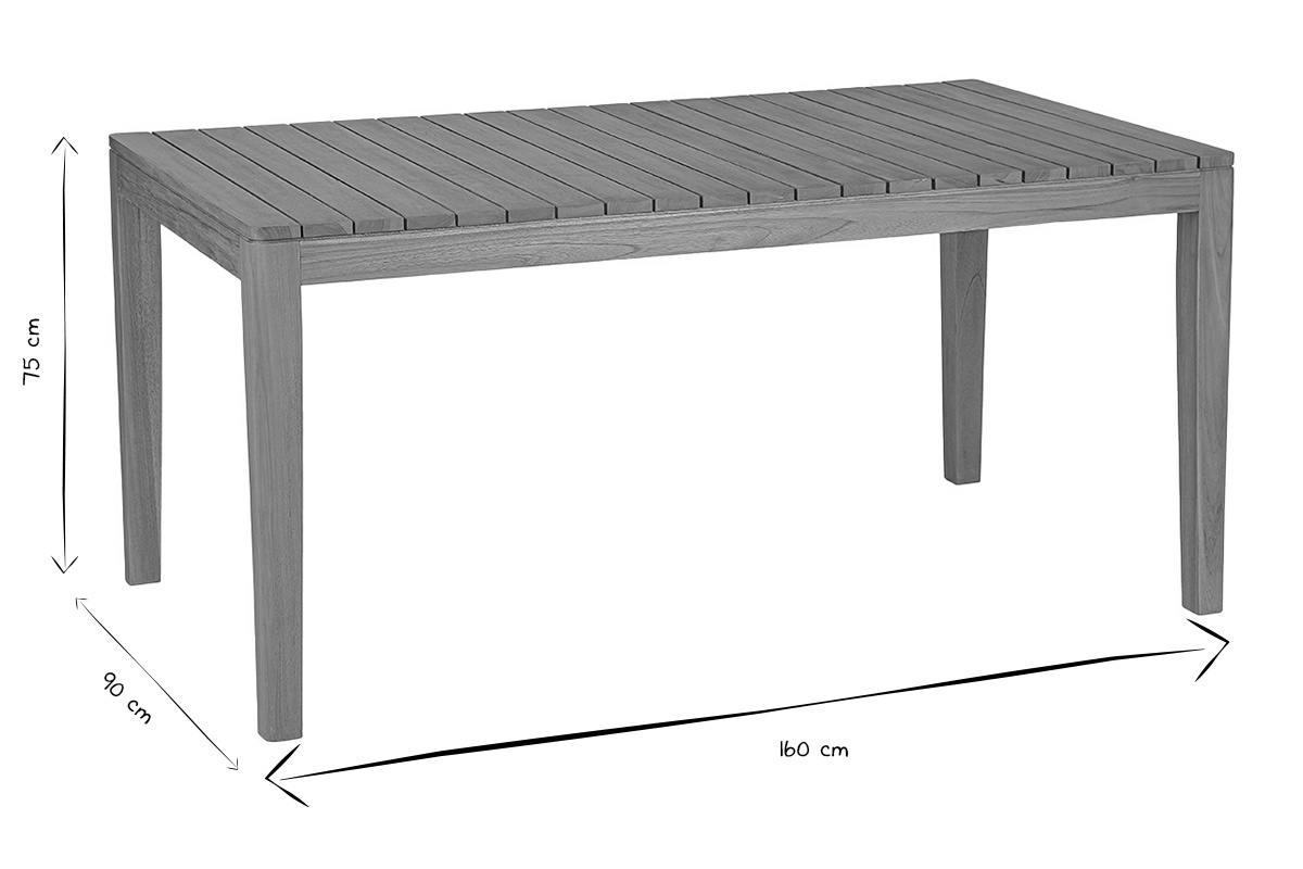 Dimensiones de la mesa de jard�n de madera maciza de teca: L160 x P90 x H75 cm en negro y blanco.