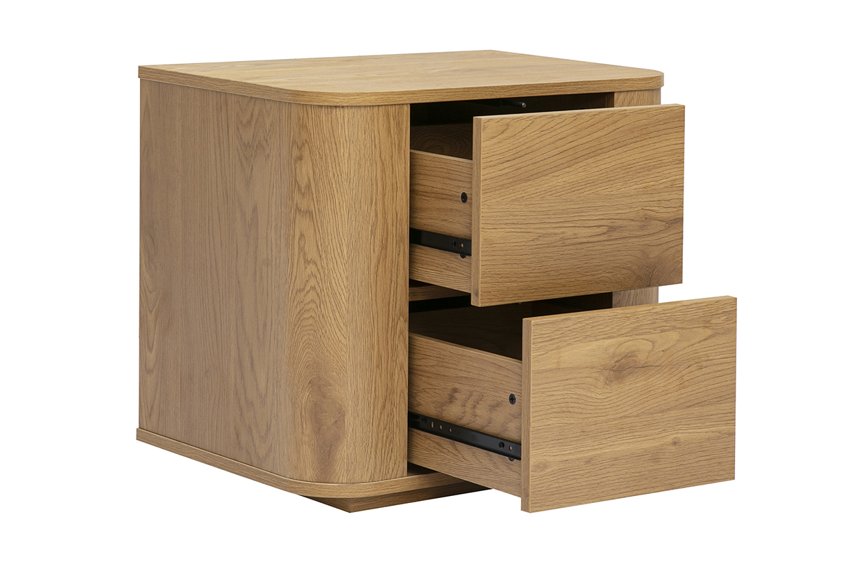 Mesita de noche con 2 cajones de madera clara de roble, vista en tres cuartos