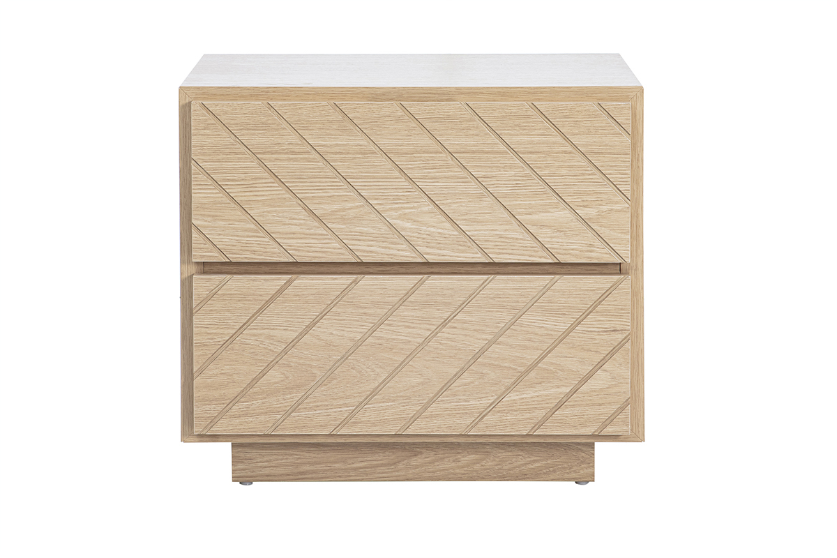 Mesita de noche de madera de roble con dos cajones, vista frontal.