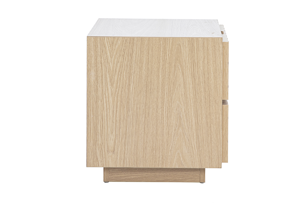 Mesita de noche con acabado de madera de roble, vista lateral.