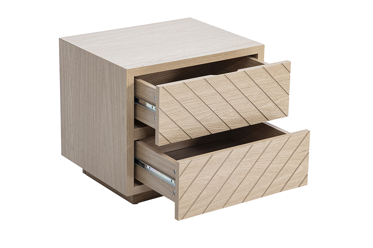 Mesita de noche de madera de roble con dos cajones abiertos, vista de tres cuartos.