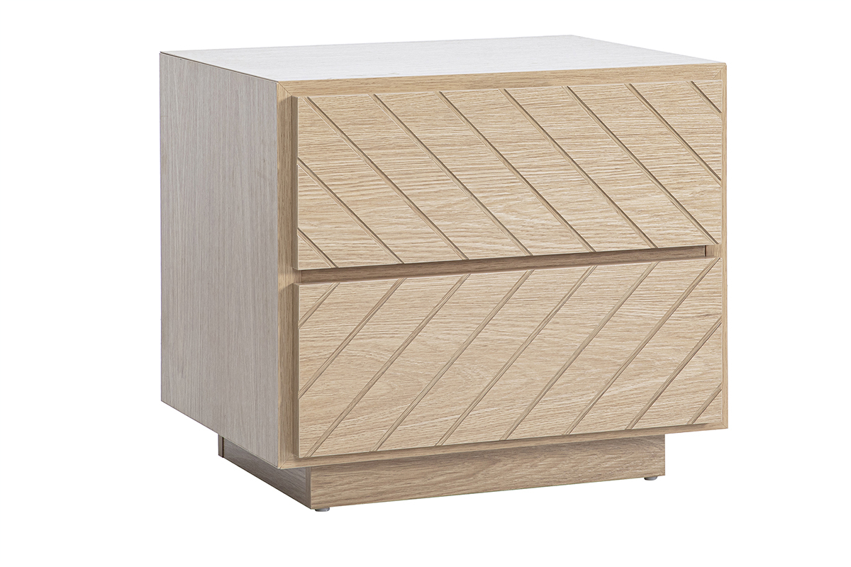 Mesa de noche de madera de roble con 2 cajones, vista de tres cuartos.