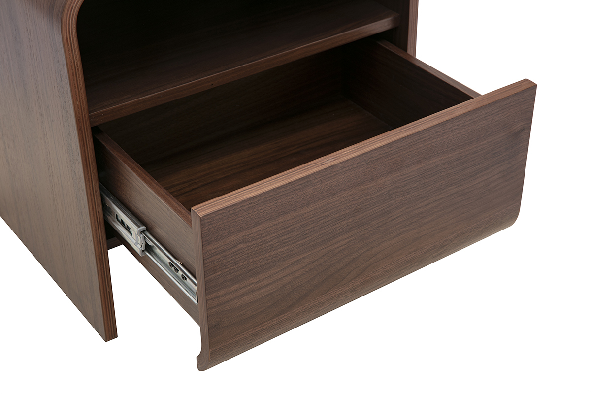 Mesita de noche KYLIA en madera oscura nogal, vista con caj�n abierto.