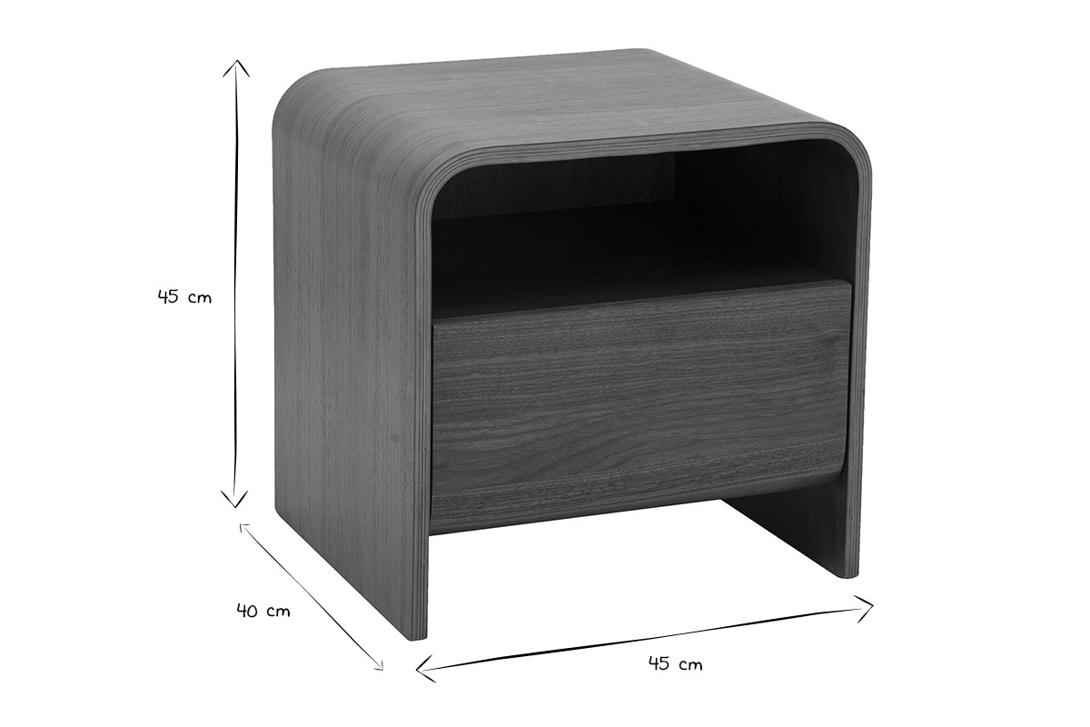 Mesita de noche KYLIA en blanco y negro con dimensiones L45 x P40 x H45 cm, vista de tres cuartos.