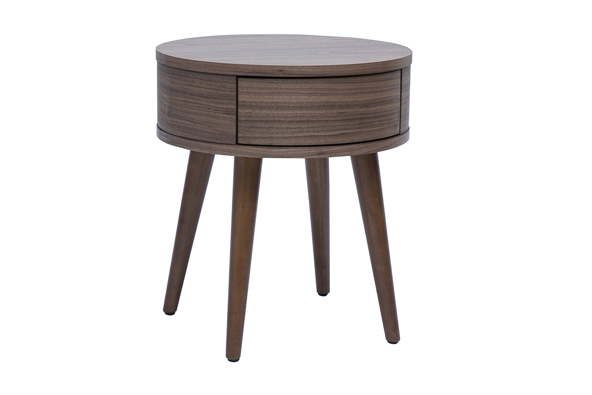 Mesita de noche redonda de madera oscura con caj�n, vista de 3/4.