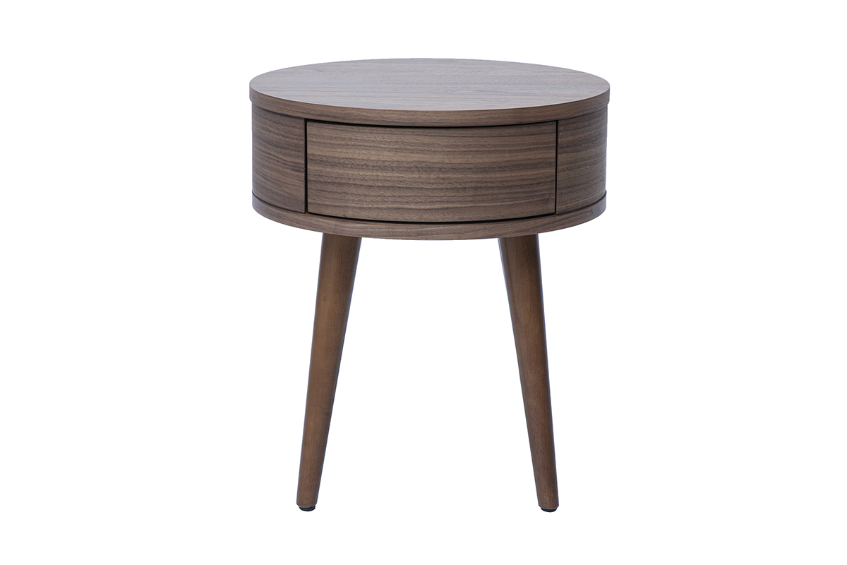 Mesa de noche redonda de madera oscura con caj�n, vista frontal.