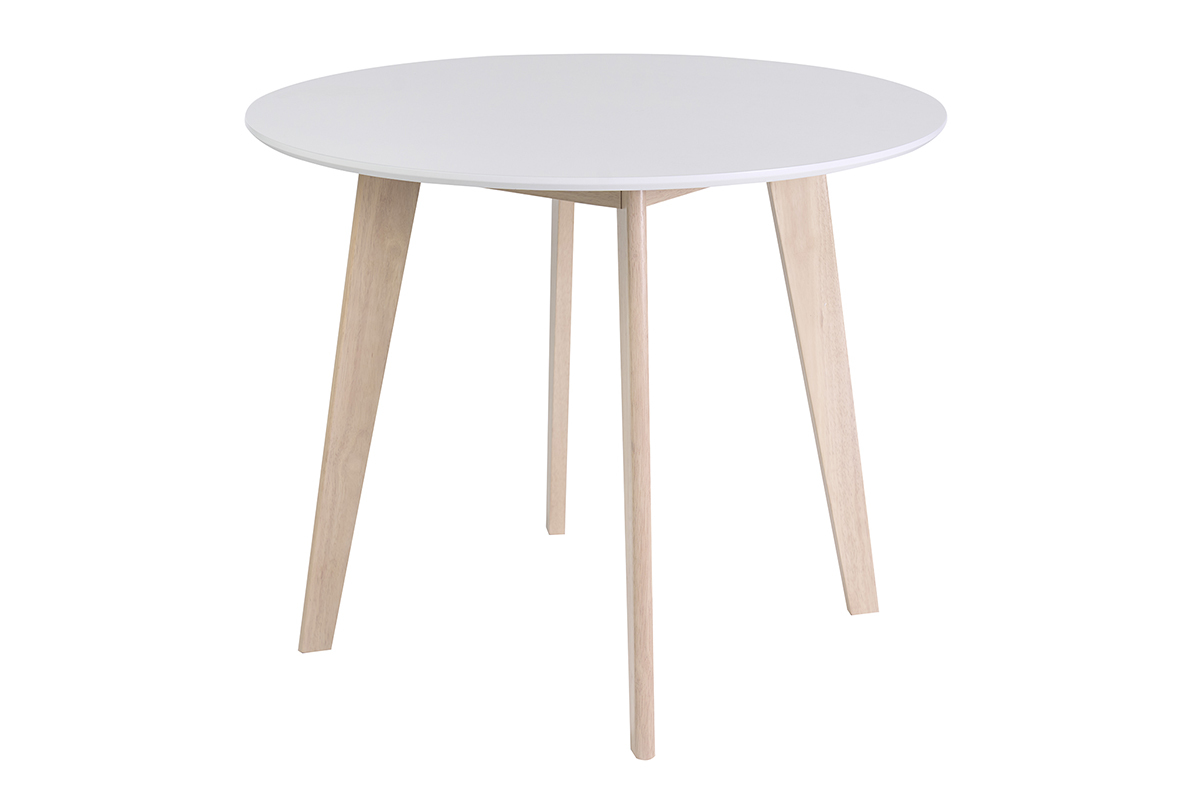 Mesa escandinava redonda blanca con patas de madera, D100 cm, vista de 3/4