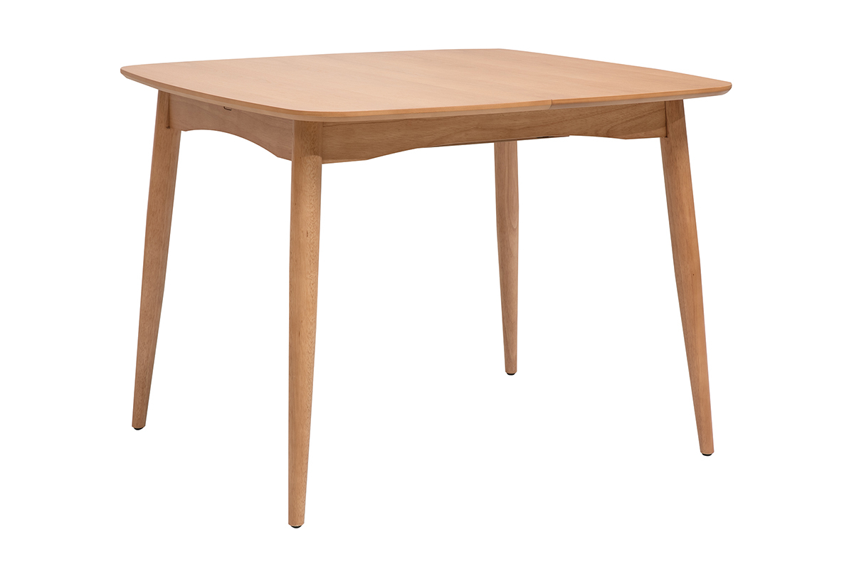 Mesa extensible cuadrada de madera clara de roble, vista en tres cuartos, con extensiones integradas.