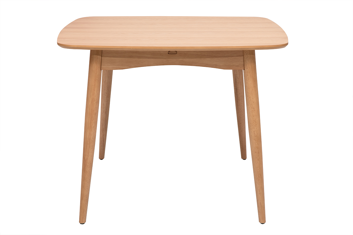 Mesa extensible cuadrada de madera clara de roble vista de perfil, L100-140 cm, dise�o depurado.