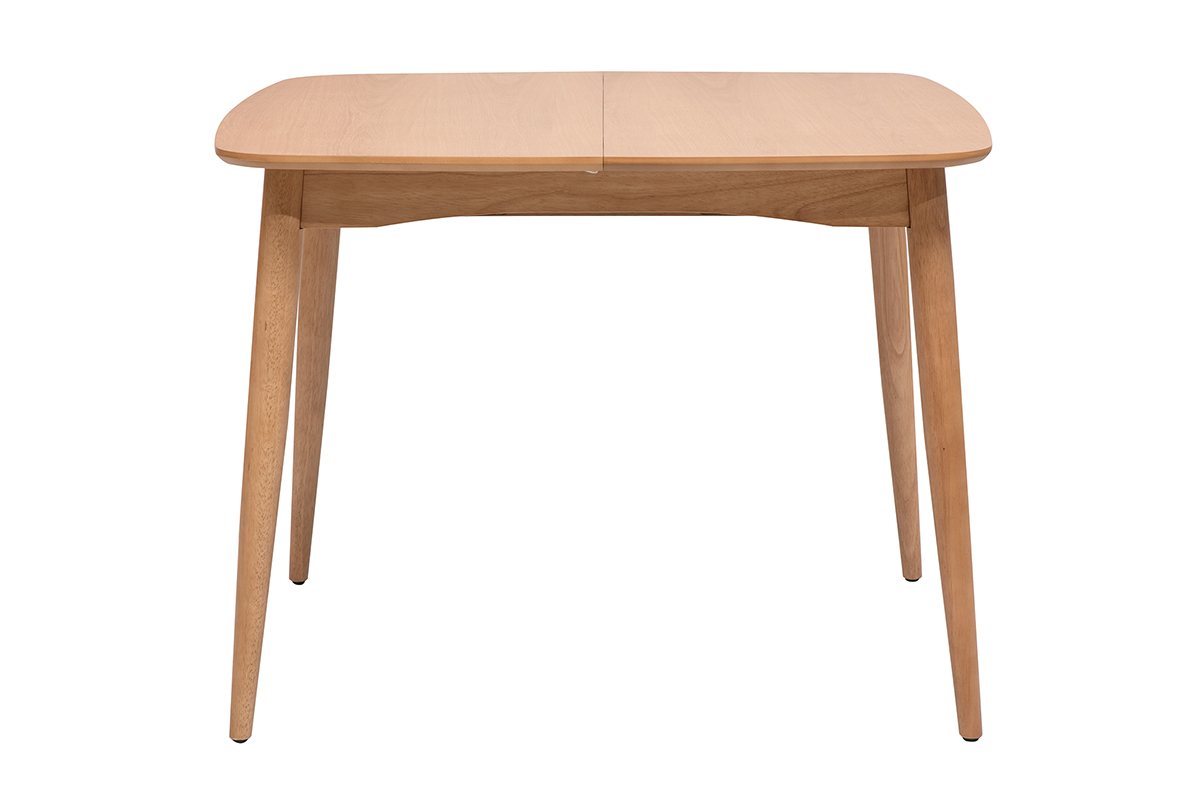 Mesa extensible cuadrada de madera clara de roble, vista frontal, dimensiones L100-140 cm.