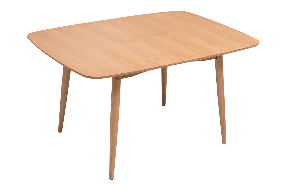 Mesa extensible cuadrada de madera clara de roble, vista desde dos �ngulos con extensiones integradas.