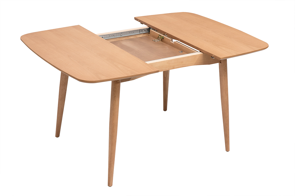 Mesa extensible cuadrada de madera clara de roble con extensiones integradas, vista superior abierta