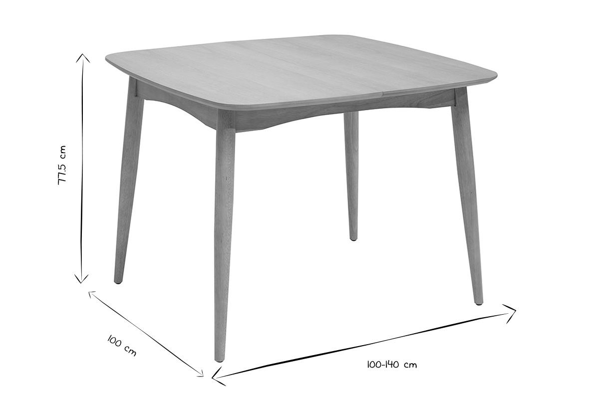 Dimensiones de la mesa extensible cuadrada HELMA en blanco y negro, L100-140 cm, H77.5 cm.