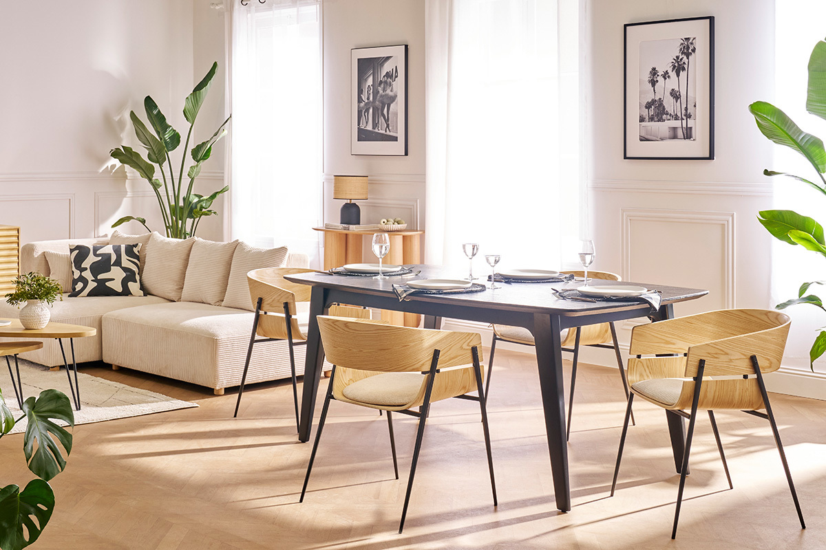 Mesa extensible con extensiones integradas rectangular de madera negra de roble L180-230 cm FIFTIES