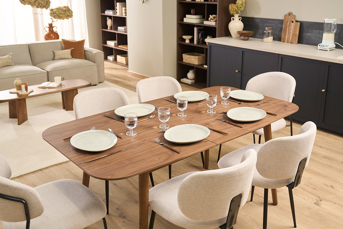 Mesa extensible con extensiones integradas rectangular en madera oscura nogal L140-170 cm ANK