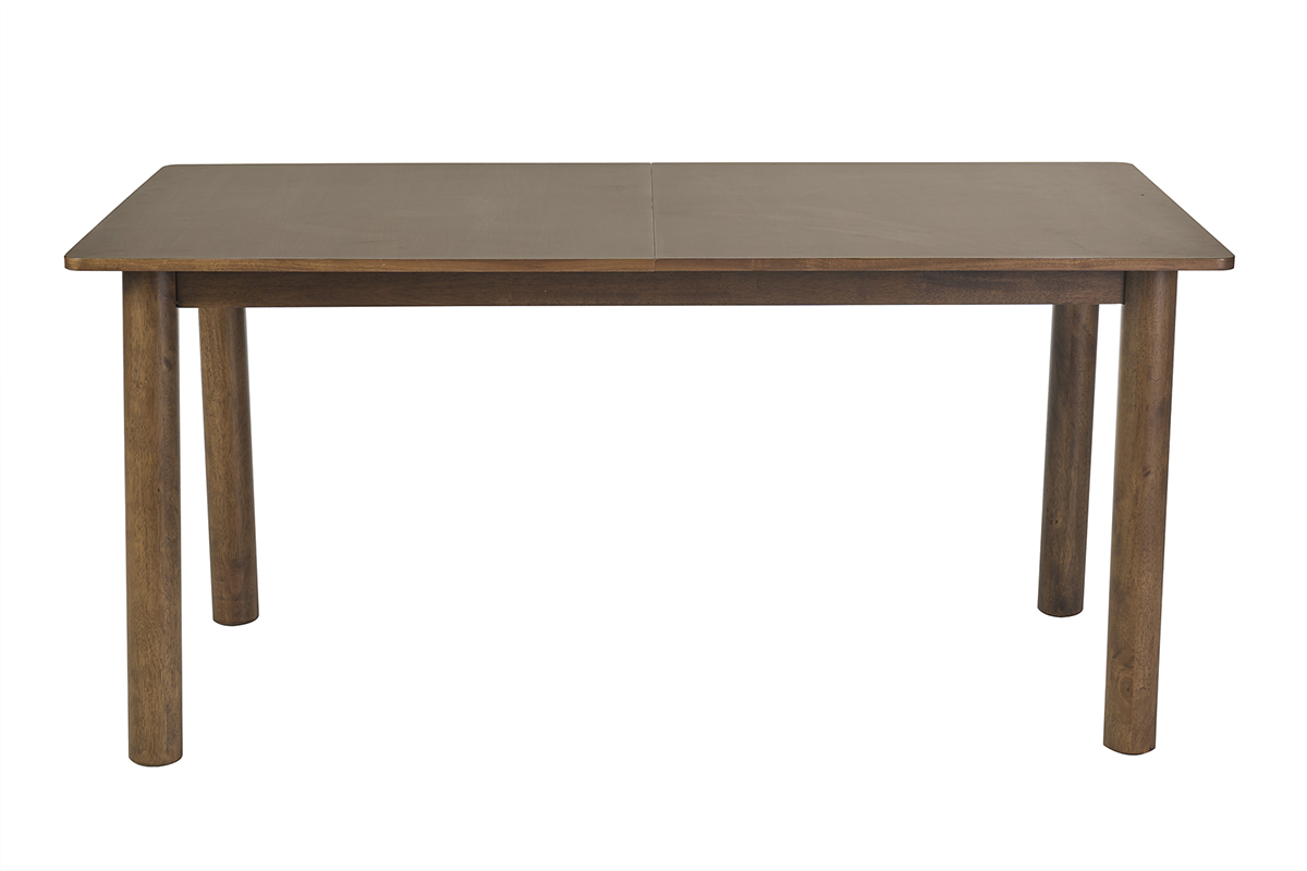 Mesa extensible rectangular de madera de nogal oscuro, vista frontal, dimensiones L160-210 cm.