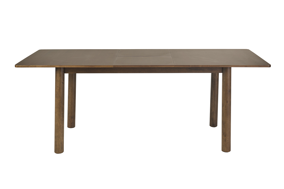 Mesa rectangular extensible de madera oscura nogal, vista frontal, longitud 160-210 cm, patas cil�ndricas.