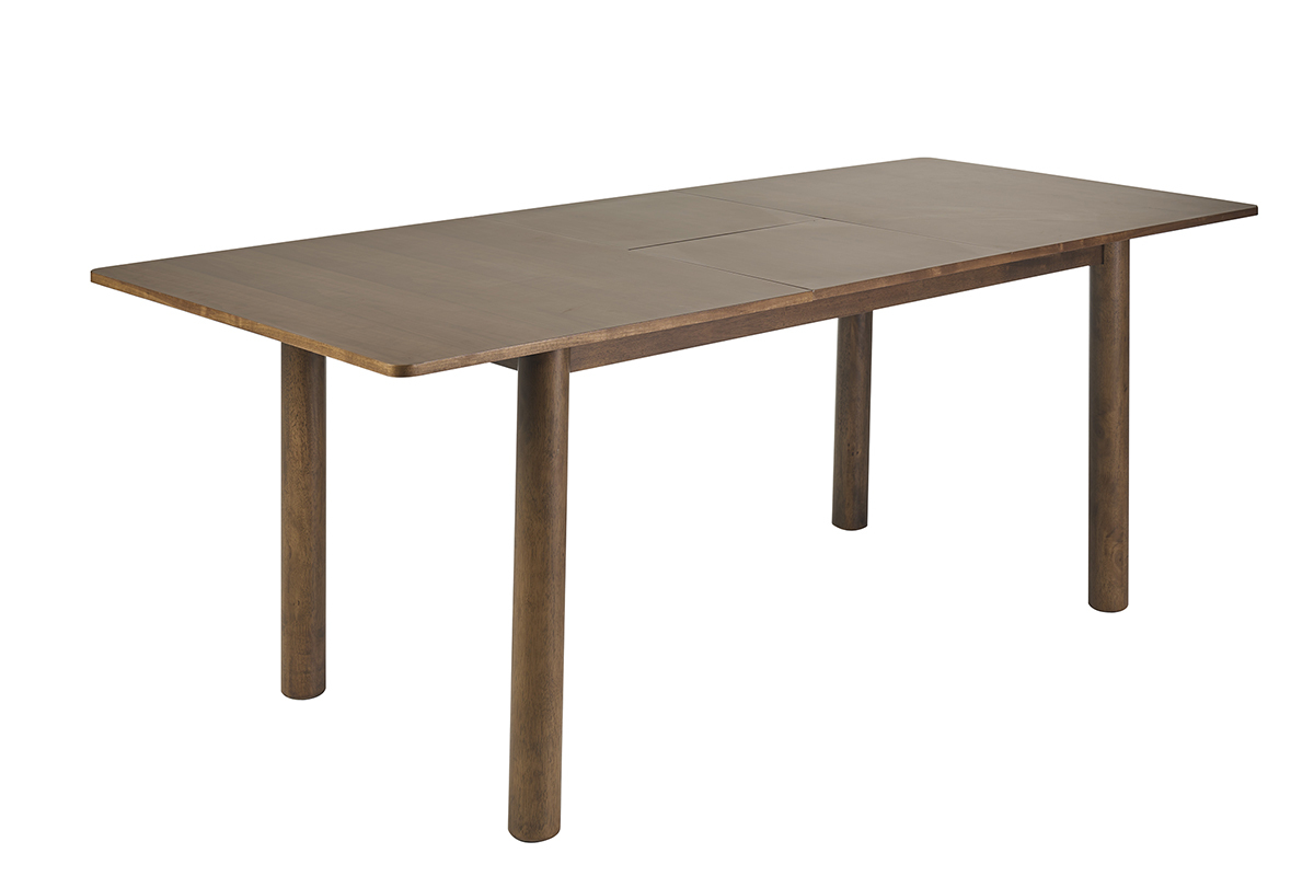 Mesa extensible rectangular de madera oscura nogal, vista en tres cuartos, con extensi�n integrada visible.