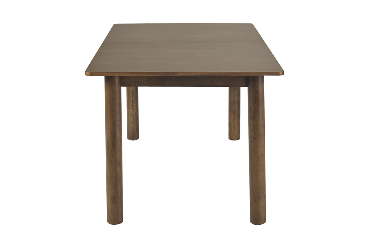 Mesa extensible rectangular de madera de nogal oscuro, vista de perfil con extensiones integradas.