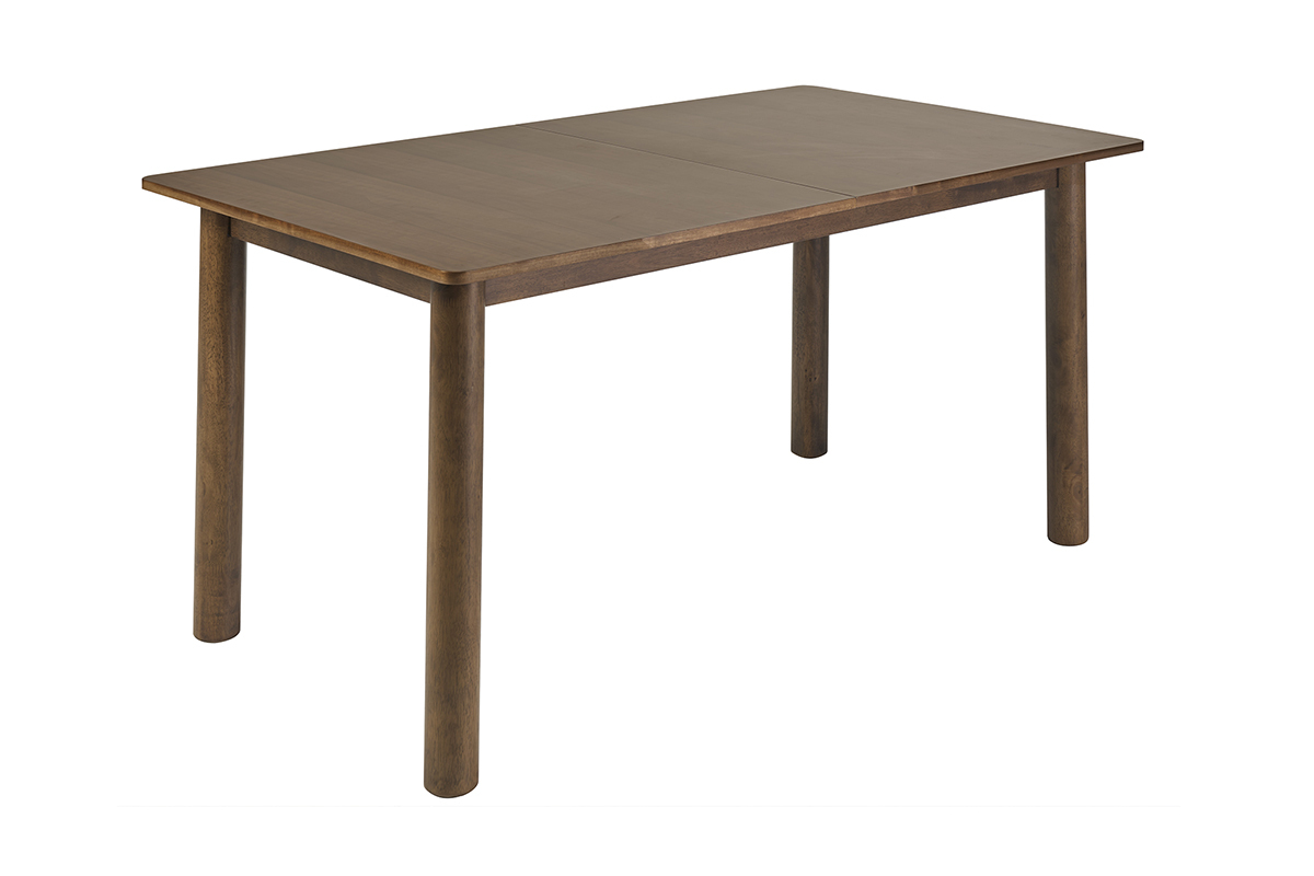 Mesa extensible rectangular de madera oscura, vista en 3/4, dimensiones L160-210 cm, patas cil�ndricas.