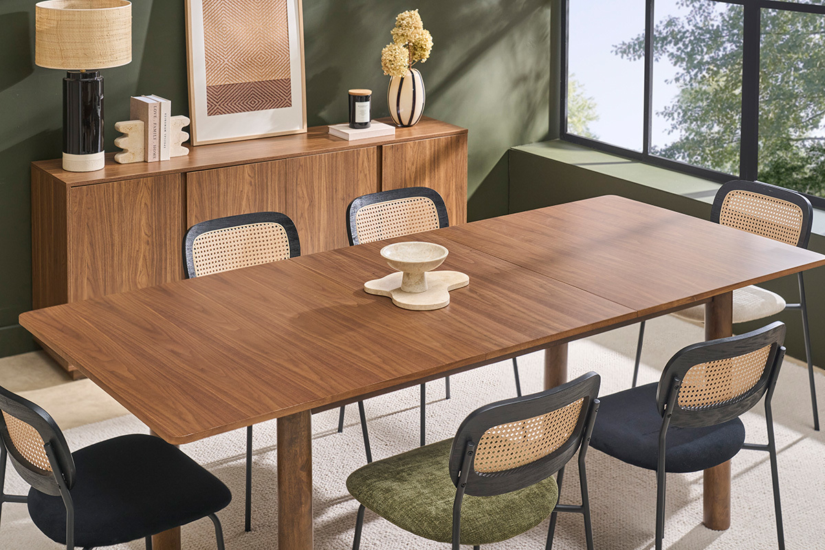 Mesa extensible con extensiones integradas rectangular madera oscura nogal L160-210 cm CLAUDIE
