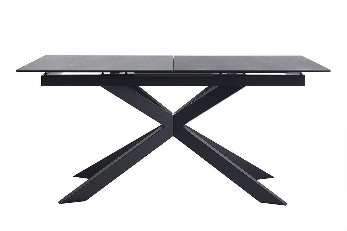 Mesa de comedor extensible de cer�mica negra y metal, vista frontal, dimensiones L168-210 cm.