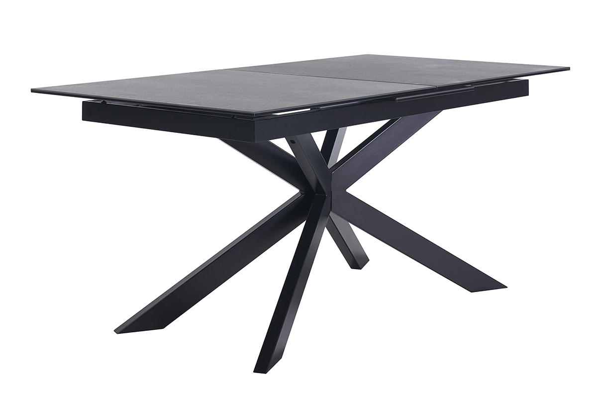 Mesa de comedor extensible MELZA en cer�mica negra y metal, vista de tres cuartos.