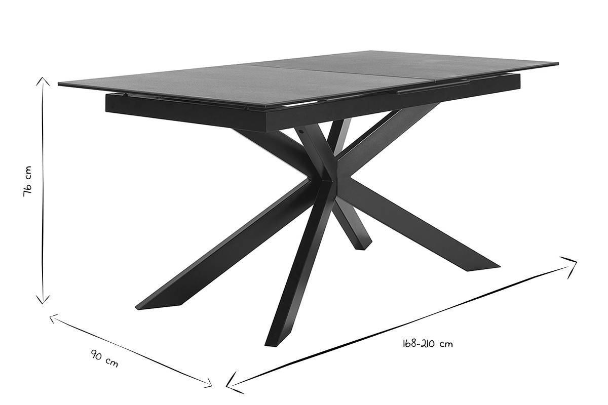 Dimensiones de la mesa de comedor extensible MELZA en blanco y negro, L168-210 x P90 x H76 cm.