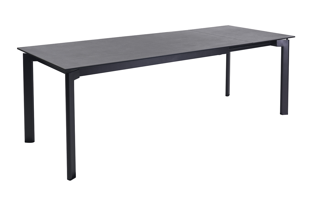 Mesa de comedor extensible en cer�mica negra y metal, vista de 3/4, dimensiones L180-240 cm