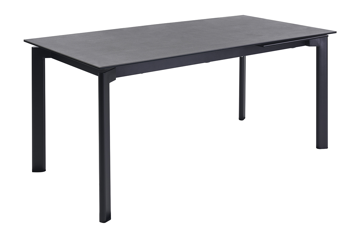 Mesa de comedor extensible de cer�mica negra y metal, vista de 3/4
