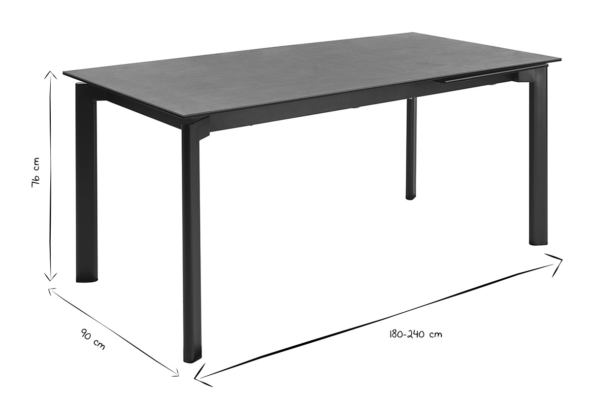 Dimensiones de la mesa de comedor extensible: L180-240 cm, P90 cm, H76 cm en negro y blanco.