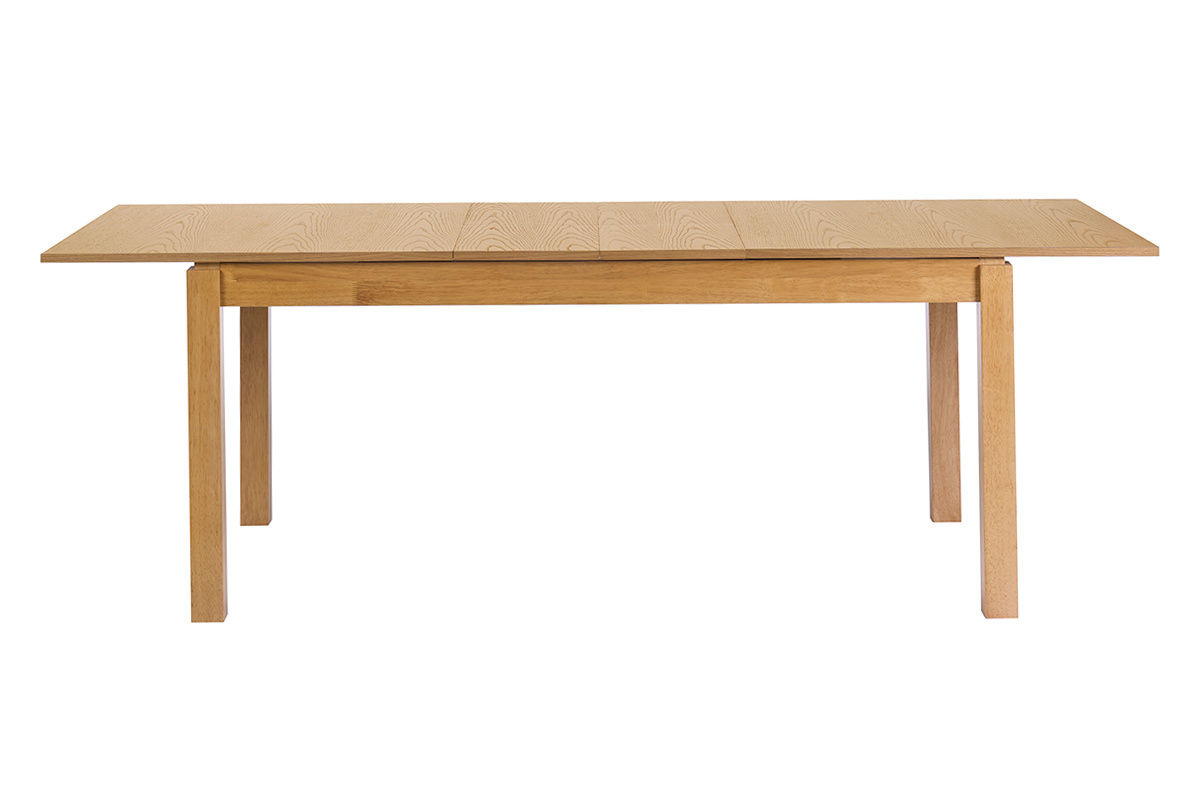 Mesa de comedor extensible de madera clara de roble, vista frontal, dimensiones L170-230 cm