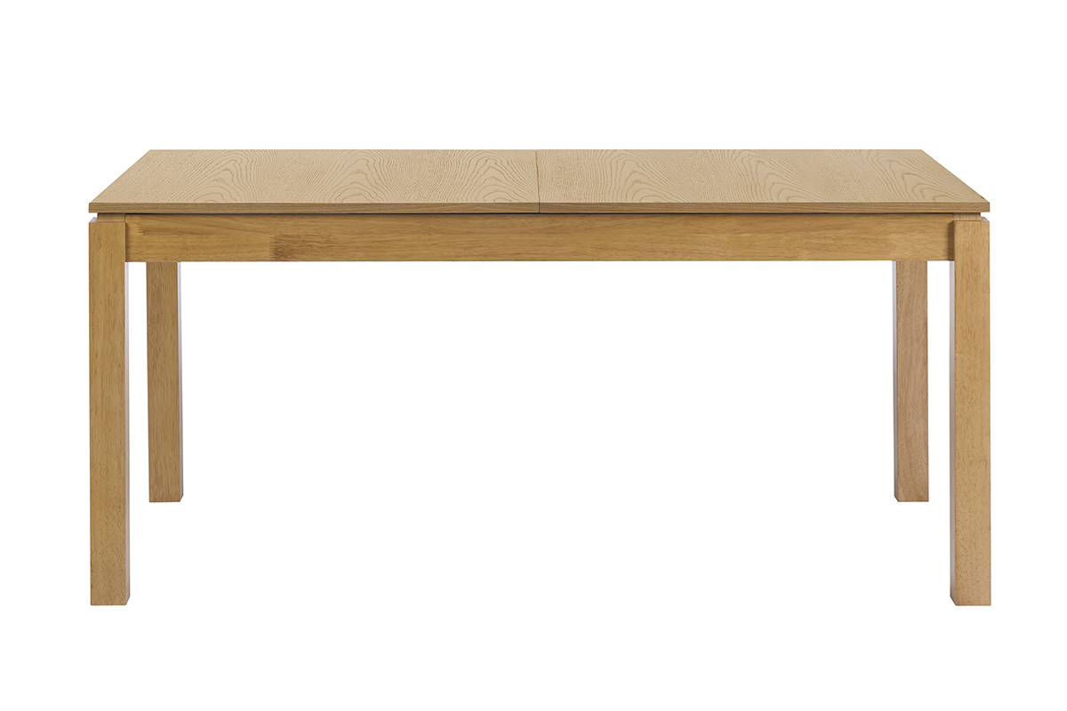 Mesa de comedor extensible de madera clara de roble, vista frontal, dimensiones L170-230 cm.