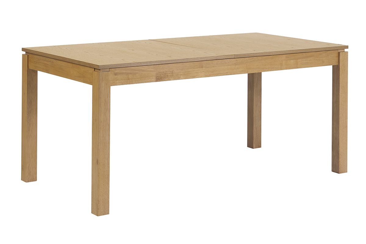 Mesa de comedor extensible de madera clara roble, vista de 3/4, dimensiones L170-230 cm.