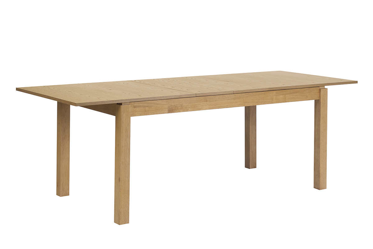 Mesa de comedor extensible de madera clara de roble vista en 3/4, dimensiones L170-230 cm.