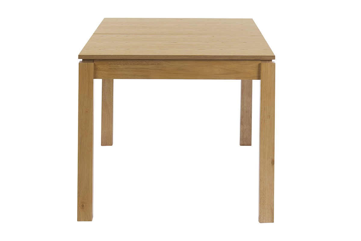Mesa de comedor extensible de madera clara de roble, vista de perfil, dimensiones L170-230 cm.