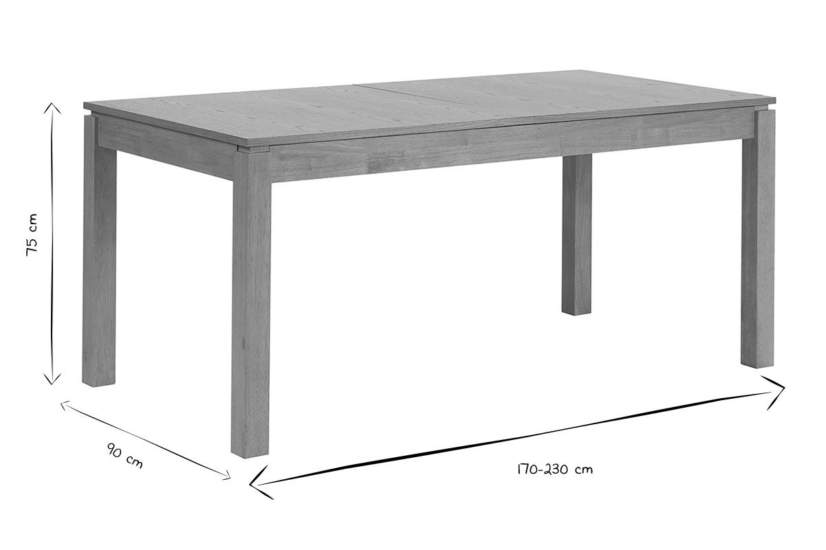 Dimensiones de la mesa extensible SYLVA L170-230 cm en negro y blanco, longitud 170-230 cm, ancho 90 cm, altura 75 cm.
