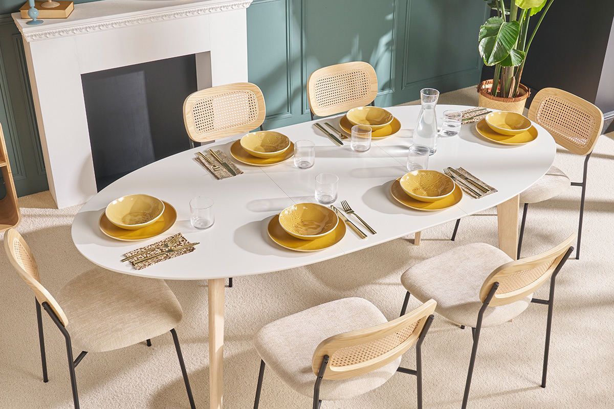 Mesa extensible oval blanca y madera clara L150-200 LEENA